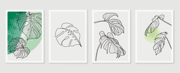 Luxury wall art green background vector with golden metallic decorate 