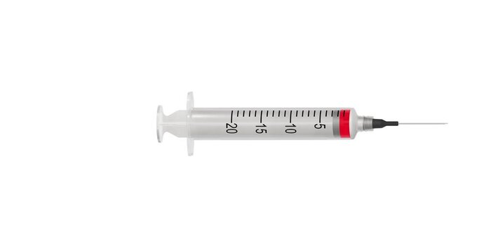 Filling and applying a syringe with a red liquid vaccine, isolated with transparent, color of the liquid can be changed at the hue effect of video editor. 3D rendering luma matte alpha.