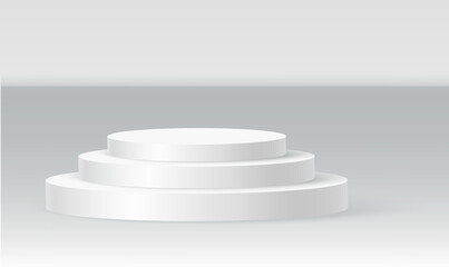 Single disc podium scene, winner pedestal. White cylinder template for showroom podium scene. Vector white pedestal for product presentation.