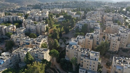 Fototapeta na wymiar Jerusalem orthodox neighborhood Ramot Alon Aerial view Drone Image of Israeli settlement in northwest East Jerusalem 