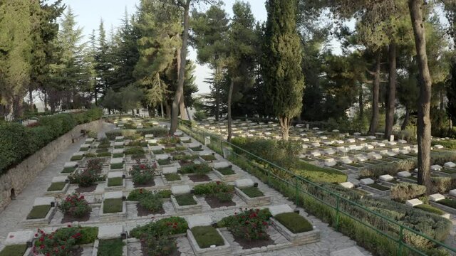 Mount Herzl Cemetery , Jerusalem
Drone view over Jerusalem,With pine forest, Israel's national cemetery
