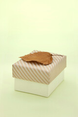 Brown fallen leaf on gift box.