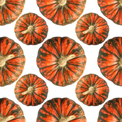Seamless pattern with orange and green pumpkin isolated on white background. Art creative autumn photo object for wrapping, wallpaper, notebook, card, florist