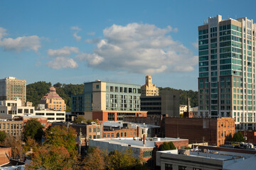 Fototapeta na wymiar Buildings of Downtown Asheville in late afternoon 