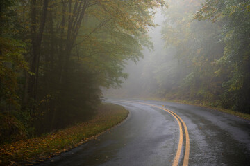 Fototapeta premium A foggy mountain road on an Autumn morning