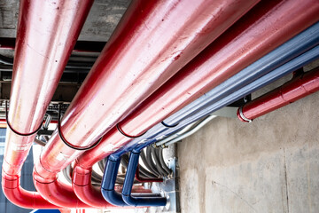 Red and blue metal water pipes installed to white concrete ceiling of a building.
