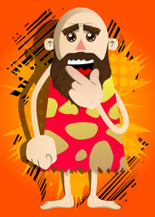 Cartoon caveman holding finger front of his mouth. Vector illustration of a man from the stone age.
