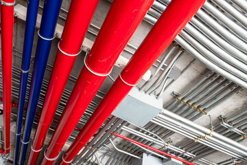 Rows of metal conduit pipes installed to the ceiling of a building. Red and blue water pipes for...
