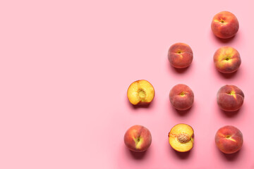 Sweet peaches on color background