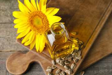 Bottle of sunflower oil on table