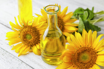Bottle of sunflower oil on table