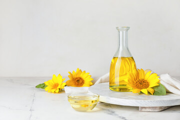 Bottle of sunflower oil on table