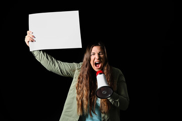 Protesting woman with megaphone and placard on dark background