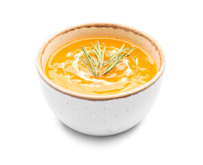 Tasty pumpkin cream soup in bowl on white background