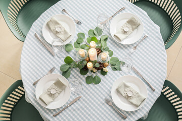 Beautiful table setting with Christmas decor, top view