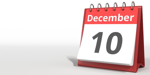December 10 date on the flip calendar page, 3d rendering