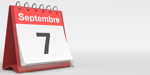 September 7 date written in French on the flip calendar page, 3d rendering