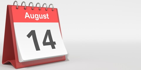 August 14 date written in German on the flip calendar page. 3d rendering