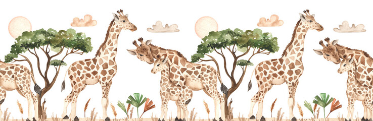 Giraffes in savannah with clouds, acacia, tropical leaves watercolor seamless border