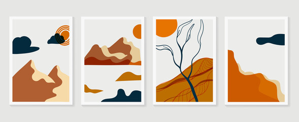 Mountain wall art vector set. Earth tones landscapes backgrounds set with moon and sun.  Abstract Plant Art design for print, cover, wallpaper, Minimal and  natural wall art. Vector illustration.
