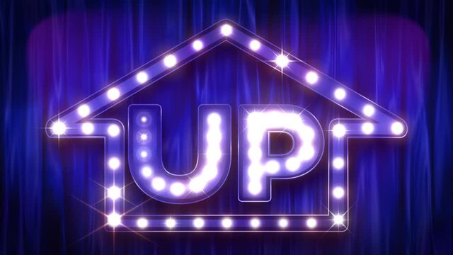 キラキラ輝く「UP」の文字と矢印マークのシアターライトとステージ幕　ループ　ブルー