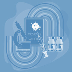 Covid vaccine vector illustration showing coronavirus novel 2019-ncov covid-19 virus vaccine development in a research laboratory with syringe, vaccine, bottle microscope and  tablet 