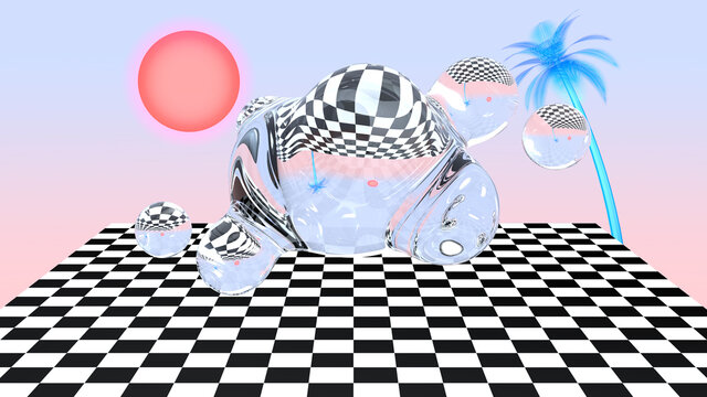 Vaporwave Aesthetics Landscape With Checkered Floor, Water Splash Or Glass Bubbles, Palm Tree And A Sunset. 80s Or 90s Styled Surreal Abstract Background For Vaporwave Party Or Event Invitaion.