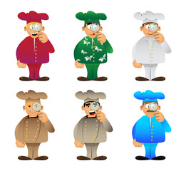 Fat male cartoon chef in uniform holding a magnifying glass. Vector illustration.