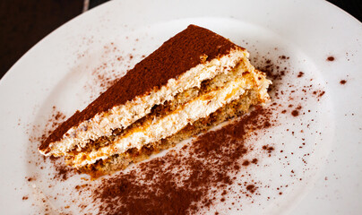 Tasty sponge cake dessert with butter cream and chocolate powder