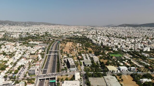 Flying over Attiki odos close to Marousi and Gerakas Athens regions. The highway leading to Athens International Airport from northern Athens.