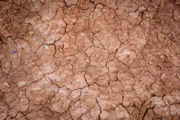 Top view cracked red soil. Picture of natural disaster. Drought land, global warming and deforestation. Image of brown soil texture, close up. Desert realistic background.