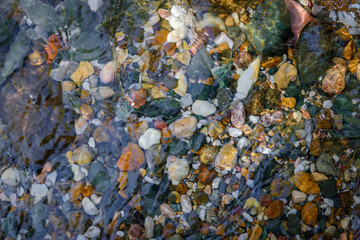 Rocky bottom of mountain stream, close-up. Colorful stones under clear water. Beautiful distortion background. Natural mosaic of small stones. Image for ceramic tile design, bathrooms.