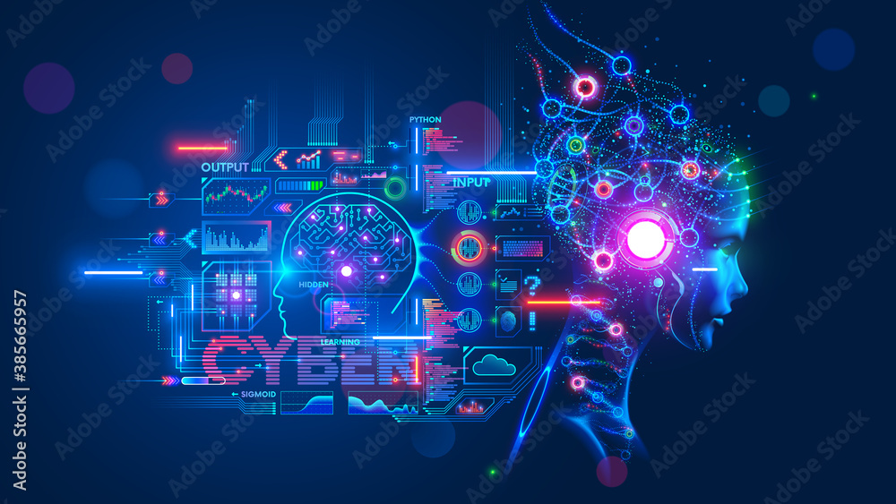 Fototapete AI or artificial intelligence with the computer brain as a neural network. Programming and Deep machine learning of neural network. Robot Head with cybernetically mind. Abstract Interface elements.