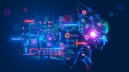 Obraz premium AI or artificial intelligence with the computer brain as a neural network. Programming and Deep machine learning of neural network. Robot Head with cybernetically mind. Abstract Interface elements.