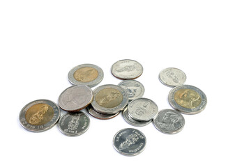 pile of thai baht coins, money medal of thailand on white