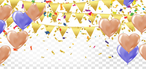 Abstract background with many falling colorful tiny confetti pieces and Festive background with balloons. Celebrate a birthday, Poster, banner happy