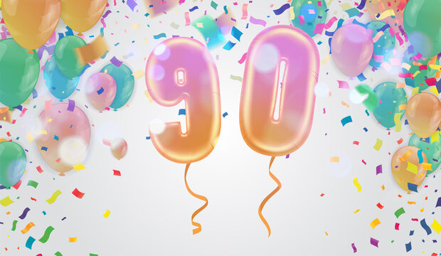 90 years anniversary and birthday with template design on background colorful balloon and colorful tiny confetti pieces for celebration