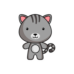 Fototapeta premium Cute cartoon cat logo template on white background. Mascot animal character design of album, scrapbook, greeting card, invitation, flyer, sticker, card. Vector stock illustration.