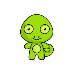 Cute cartoon chameleon logo template on white background. Mascot animal character design of album, scrapbook, greeting card, invitation, flyer, sticker, card. Vector stock illustration.