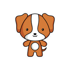 Cute cartoon dog logo template on white background. Mascot animal character design of album, scrapbook, greeting card, invitation, flyer, sticker, card. Vector stock illustration.