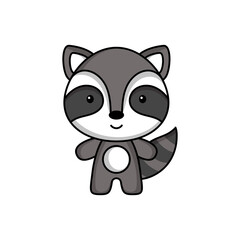 Cute cartoon raccoon logo template on white background. Mascot animal character design of album, scrapbook, greeting card, invitation, flyer, sticker, card. Vector stock illustration.