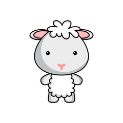 Cute cartoon sheep logo template on white background. Mascot animal character design of album, scrapbook, greeting card, invitation, flyer, sticker, card. Vector stock illustration.