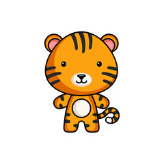 Cute cartoon tiger logo template on white background. Mascot animal character design of album, scrapbook, greeting card, invitation, flyer, sticker, card. Vector stock illustration.
