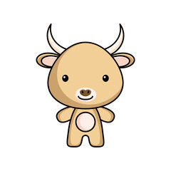 Fototapeta premium Cute cartoon yak logo template on white background. Mascot animal character design of album, scrapbook, greeting card, invitation, flyer, sticker, card. Vector stock illustration.