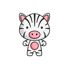 Cute cartoon zebra logo template on white background. Mascot animal character design of album, scrapbook, greeting card, invitation, flyer, sticker, card. Vector stock illustration.