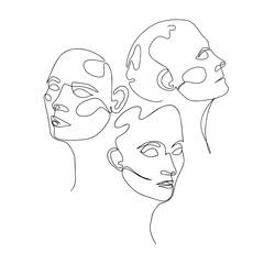 Continuous Line Drawing Of Three Woman Heads. Fashion Minimalist Concept. Vector Illustration Of Line Art