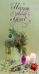 Merry Christmas and happy new year. Card, banner, flat lay, flyer, poster, greeting card with text - Happy New Year