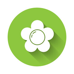 White Flower icon isolated with long shadow. Green circle button. Vector Illustration.