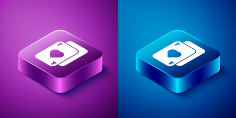 Isometric Playing cards icon isolated on blue and purple background. Casino gambling. Square button. Vector Illustration.