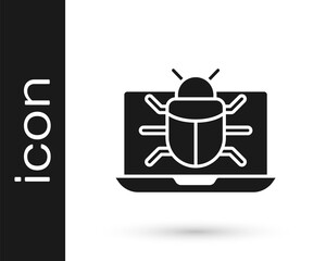 Black System bug on monitor icon isolated on white background. Code bug concept. Bug in the system. Bug searching. Vector.